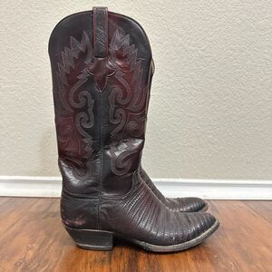 LUCCHESE Kip Lizard Boots Men Black Cherry Leather Pull On Western Cowboy